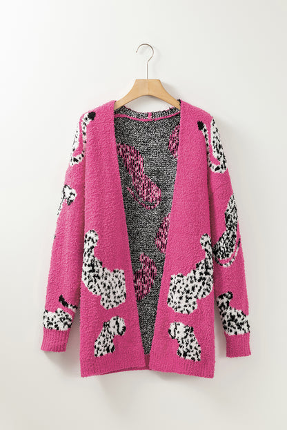 Cheetah Pattern Open Front Knitted Cardigan | Rose Red