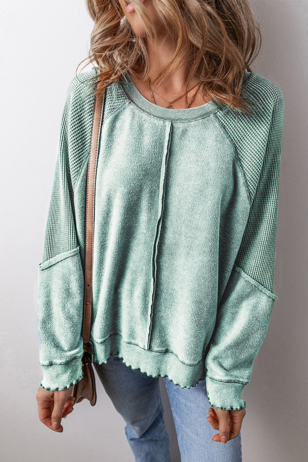 Waffle Knit Patchwork Exposed Seam Raglan Sweatshirt | Mineral Blue