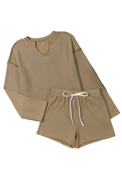 Khaki Exposed Seam Textured Long Sleeve Top Shorts Set | Apricot khaki