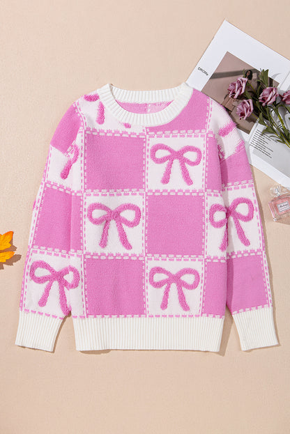 Bow Knot Two Tone Checkered Crew Neck Sweater | Pink