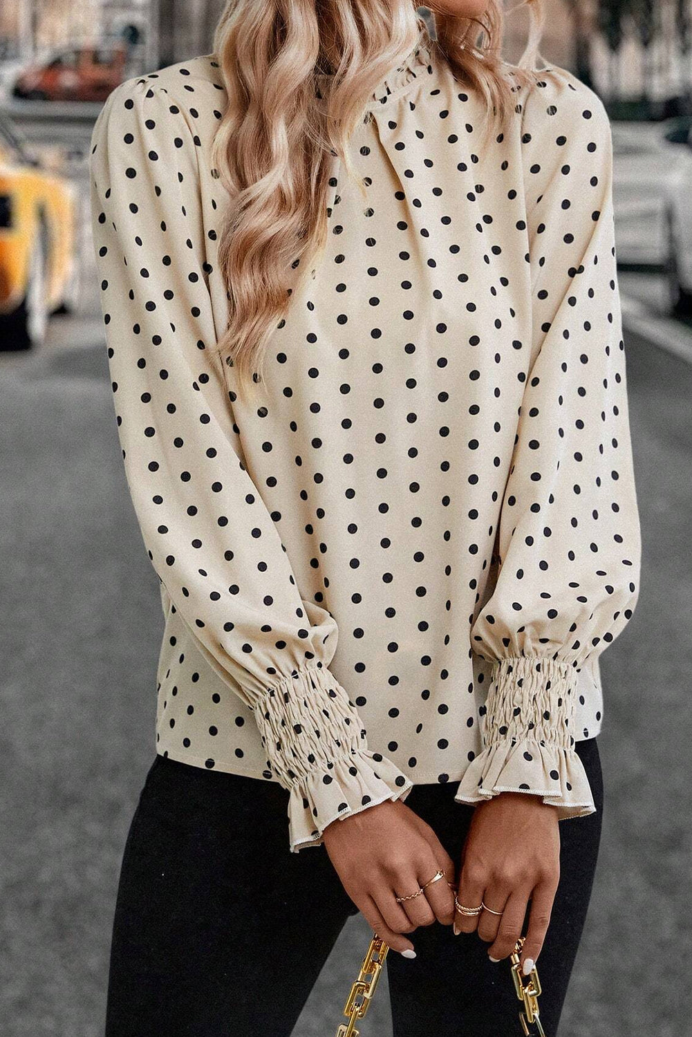 Polka Dot Print Frilled Collar Lantern Sleeve Blouse | Apricot