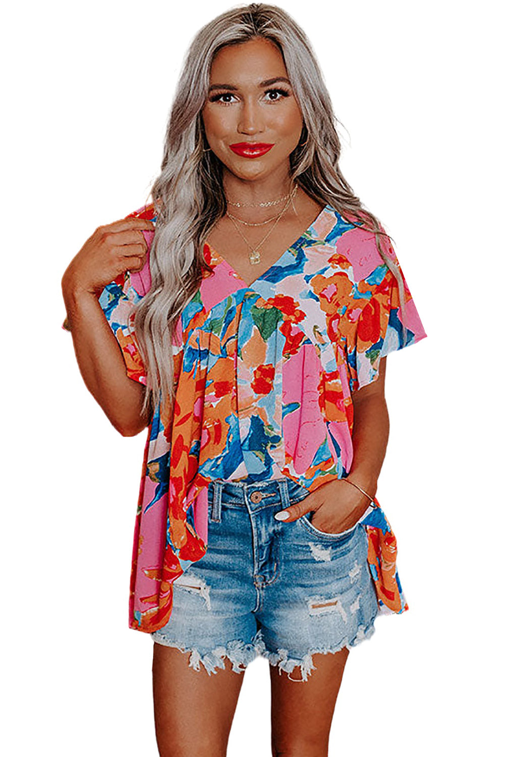 Abstract Print V Neck Flutter Sleeve Blouse | Pink