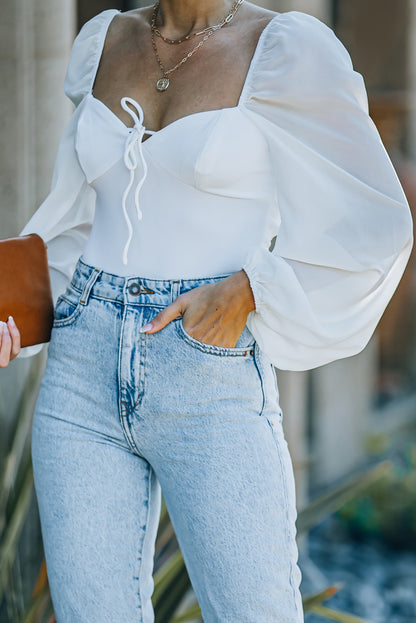 Criss Cross Backless Puff Sleeve Bodysuit | White