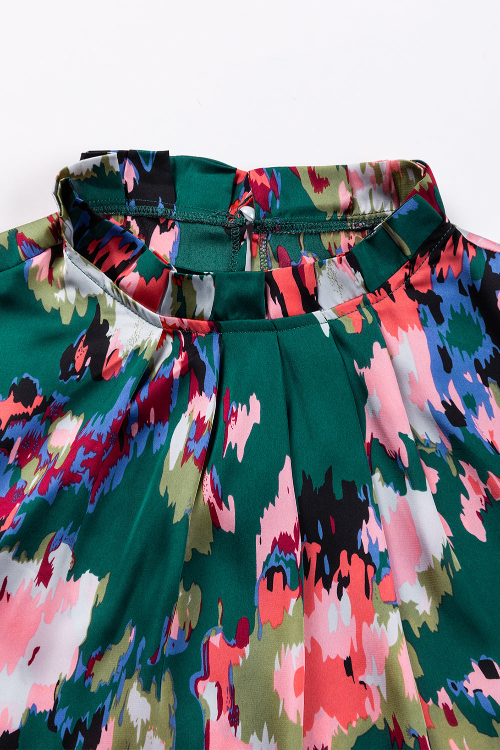 Abstract Print Smocked Cuffs Frilled Neck Blouse | Green