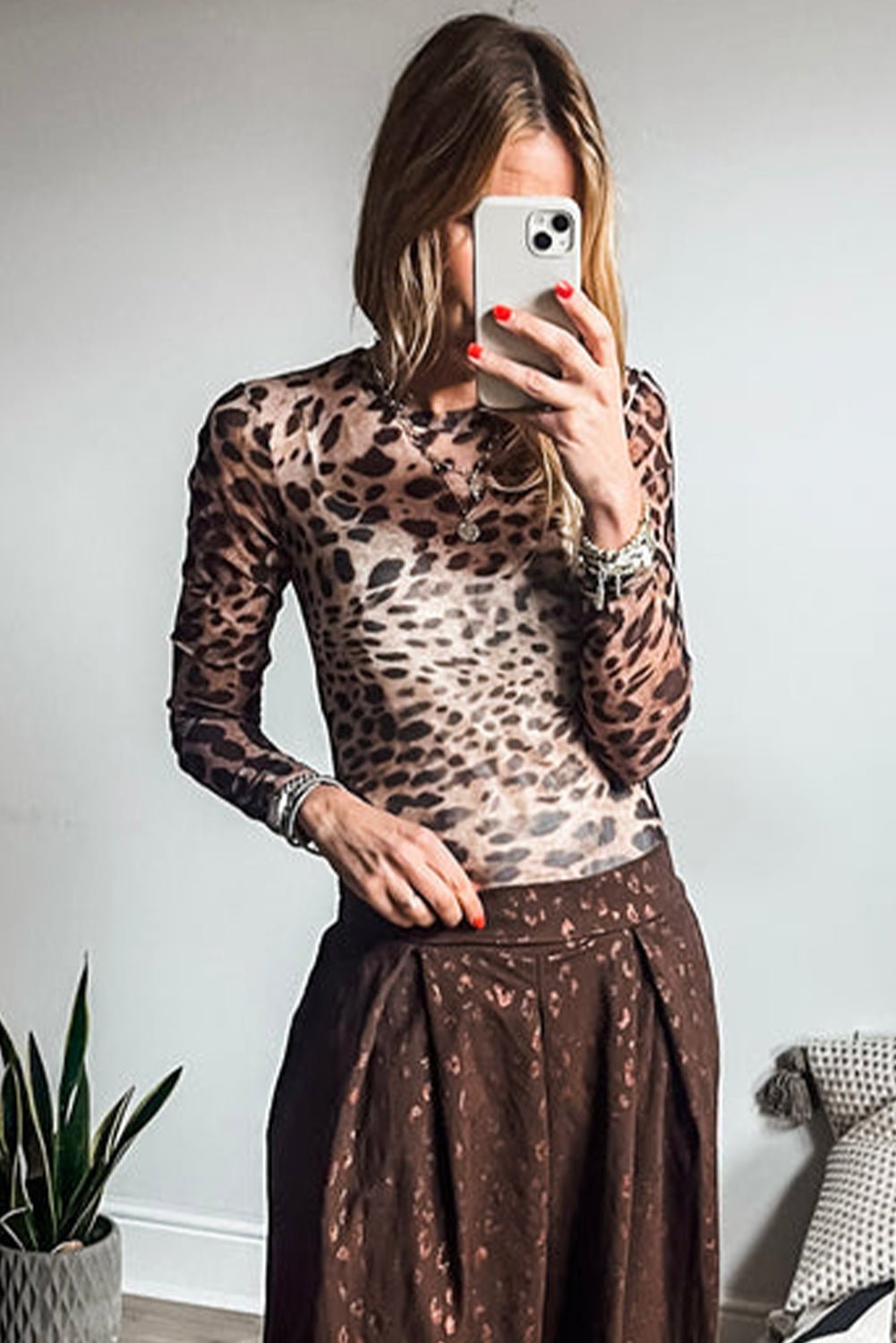 Leopard Round Neck Long Sleeve Slim Top | Brown