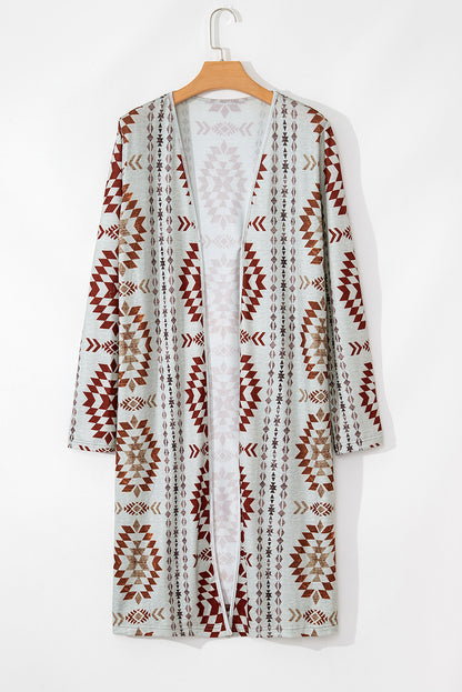 Western Aztec Printed Open Front Long Cardigan | Brown