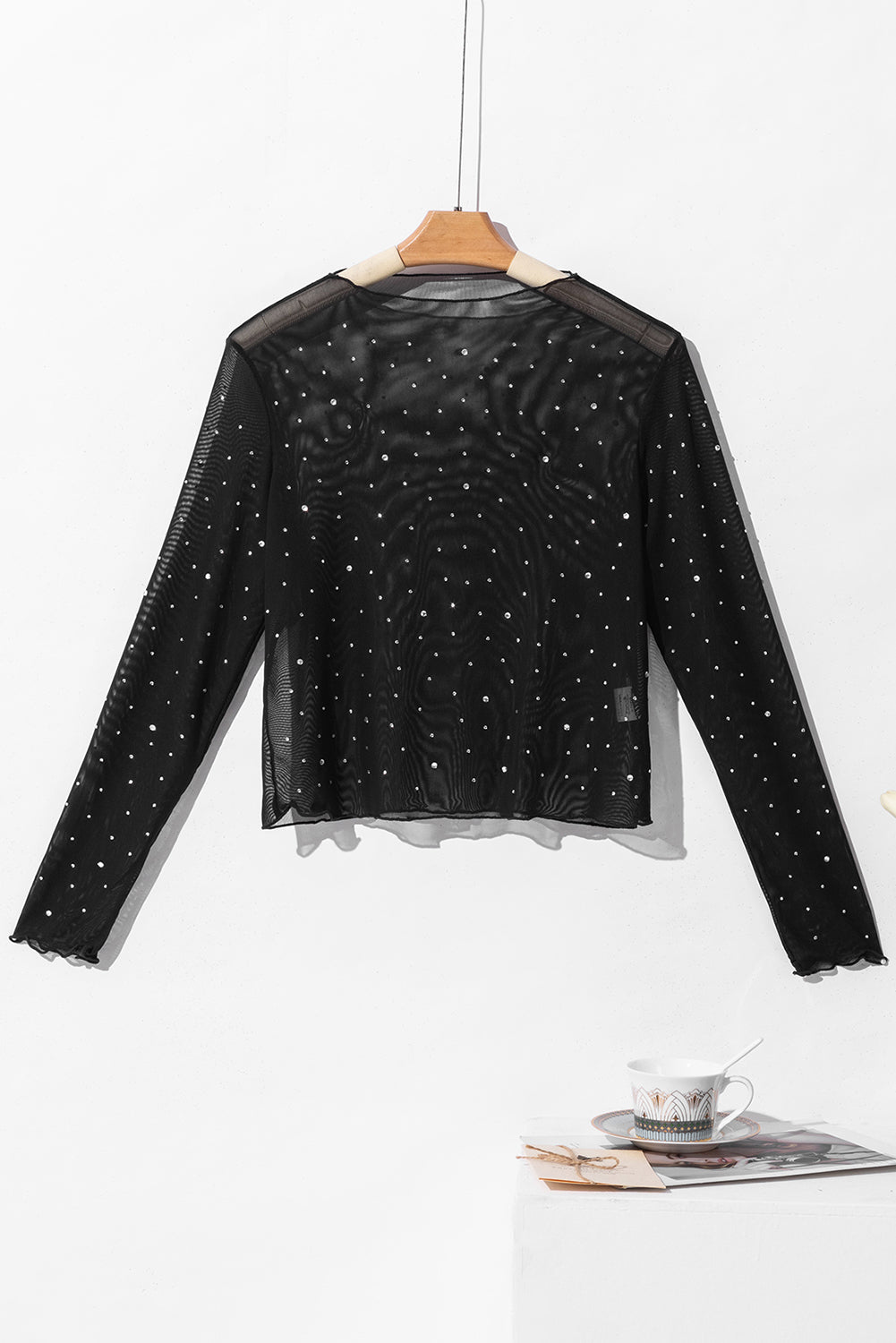 Rhinestone Sheer Mesh Slim Fit Long Sleeve Top | Black