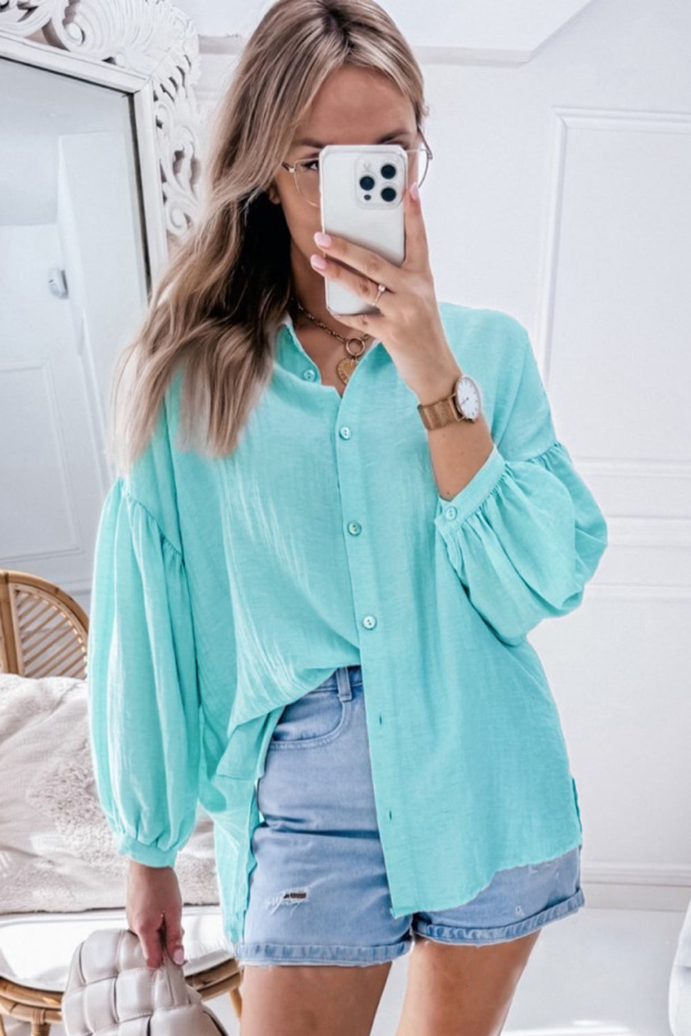 Solid Puff Sleeve Loose Fit Buttoned Shirt | Iceland Blue