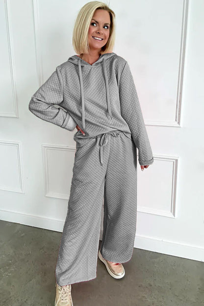 Solid Colour Drawstring Hoodie And Wide Leg Pants Set | Gray