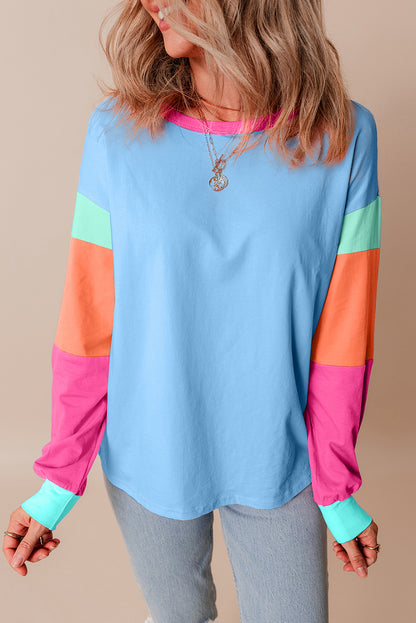 Colourblock Patchwork Long Sleeve Loose Top | Dark Blue