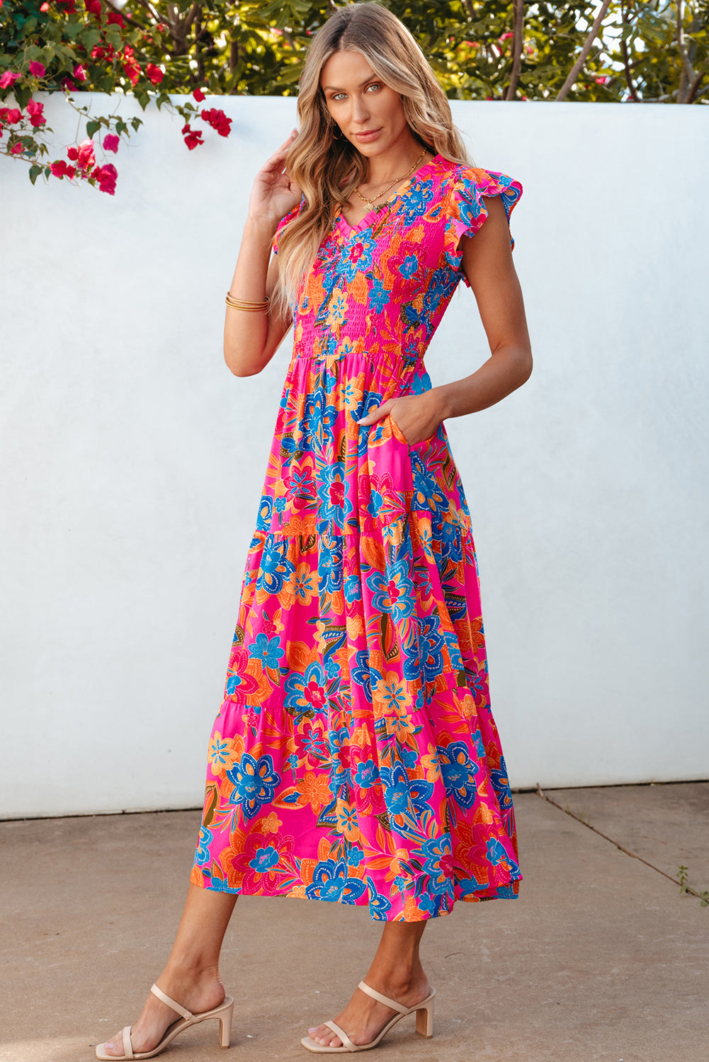 Boho Floral V Neck Ruffle Tiered Long Dress | Rose Red