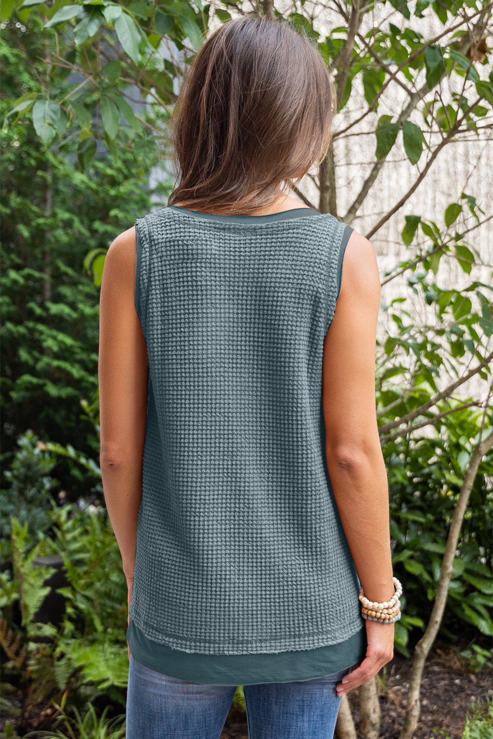 Scoop Neck Waffle Knit Flowy Vest | Real Teal