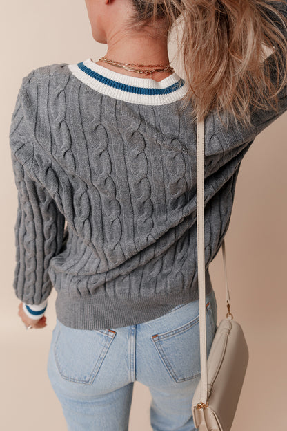 Colour Contrast Ribbed Edge Cable Knit V Neck Sweater | Medium Grey