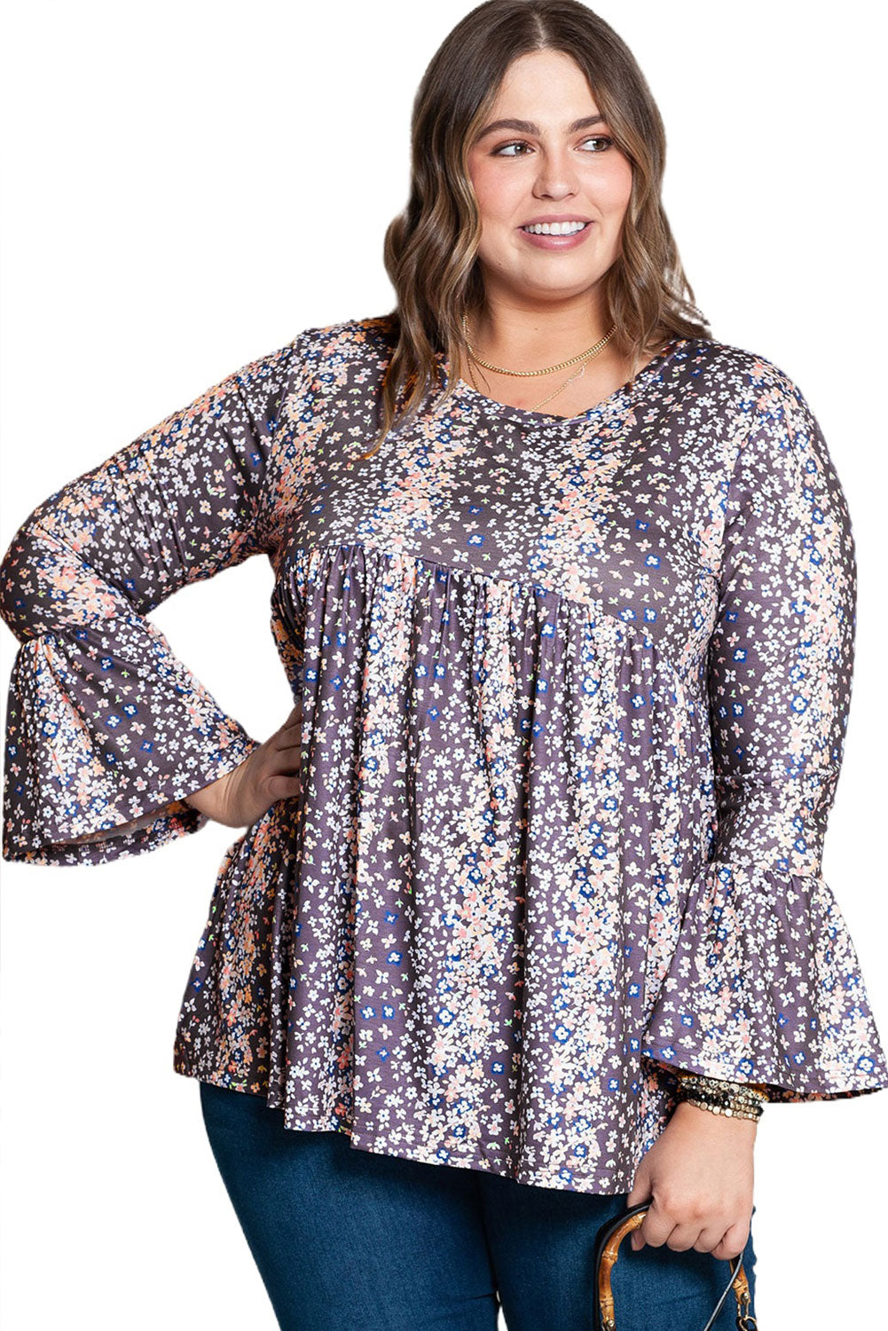 Floral Print Round Neck Plus Size Babydoll Blouse | Purple