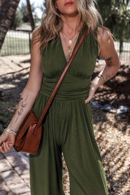 Sleeveless V Neck Ruched Wide Leg Jumpsuit | Moss Green