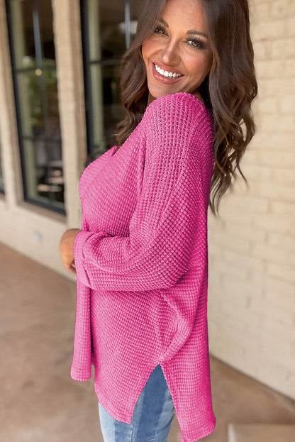 Waffle Knit Side Slits Loose Fit V Neck Top | Rose Red