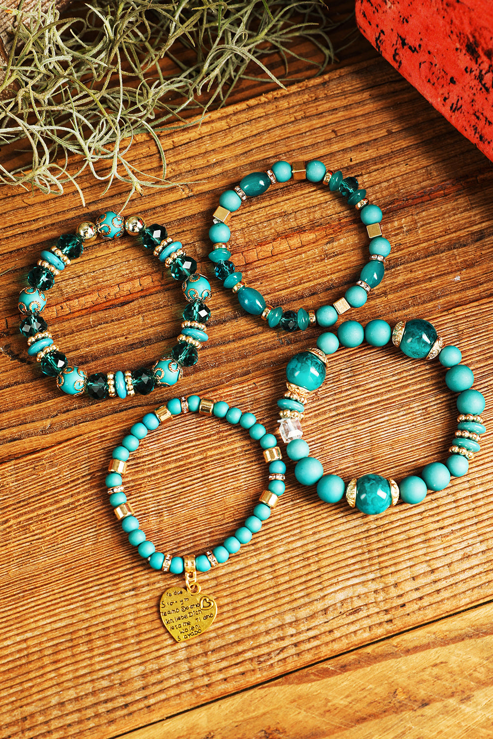 Heart Shape Pendant Multi Layered Beaded Bracelet Set | Turquoise