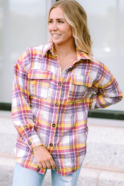 Fiery  Plaid Print Rounded Hem Shirt Jacket | Red