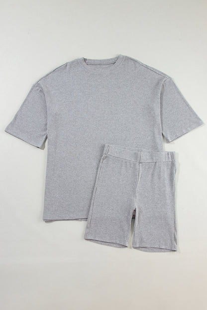 Solid Colour Loose Tunic Top And Slim Shorts Set | Light Grey