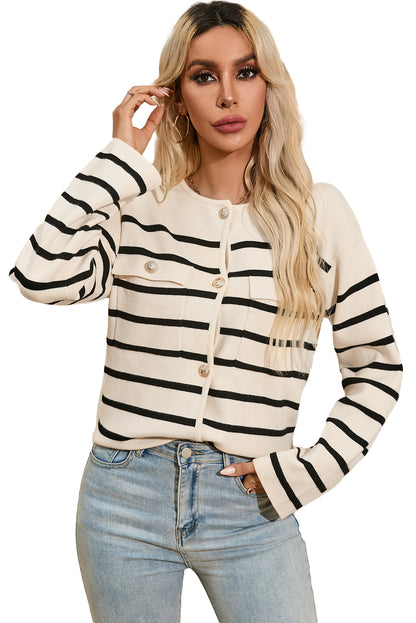 Flap Pocket Buttoned Cardigan Sweater | Black Stripe