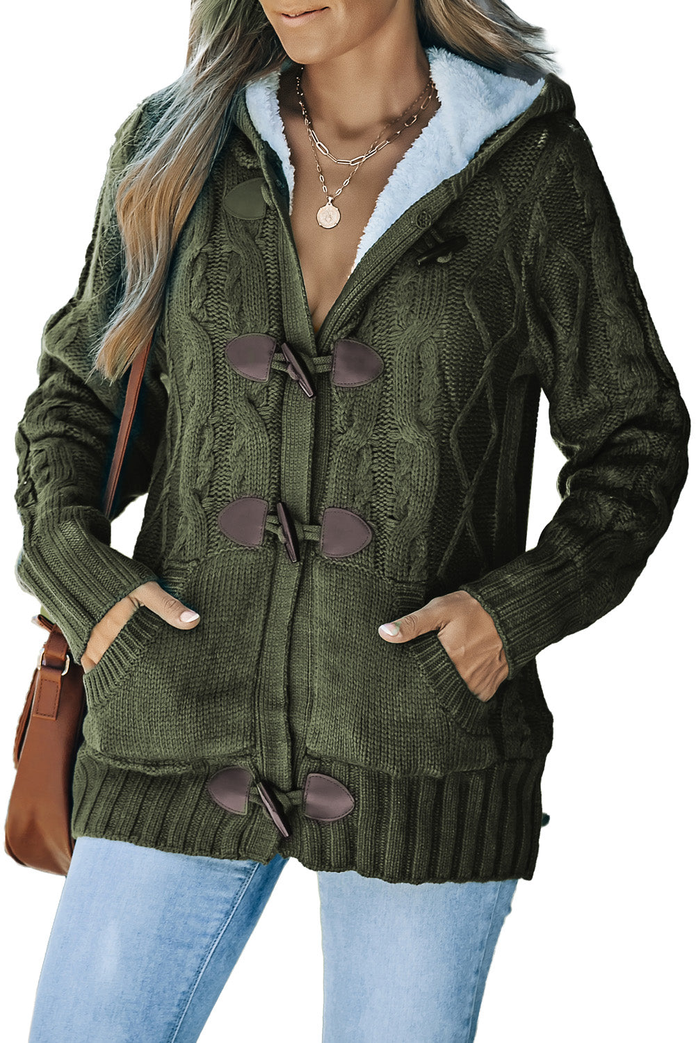 Army  Fur Hood Horn Button Sweater Cardigan | Green