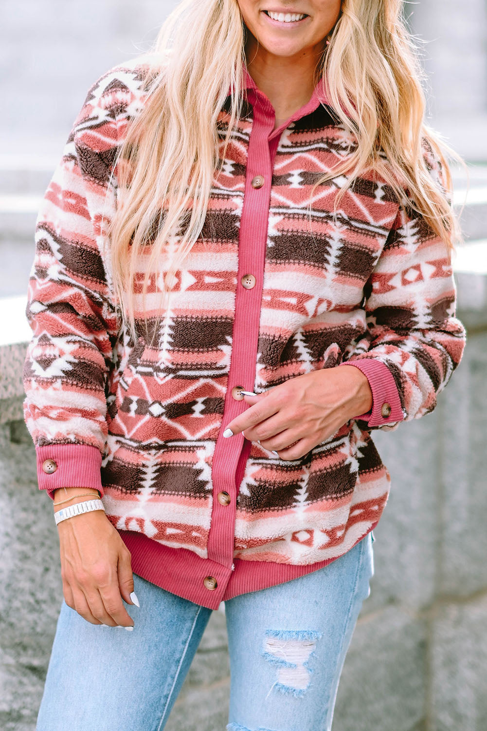 Western Sherpa Textured Trim Jacket | Pink