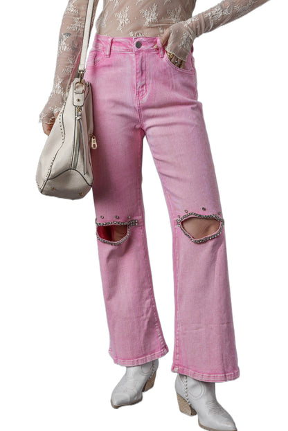 High Waist Rhinestone Cutout Wide Leg Jeans | Pink