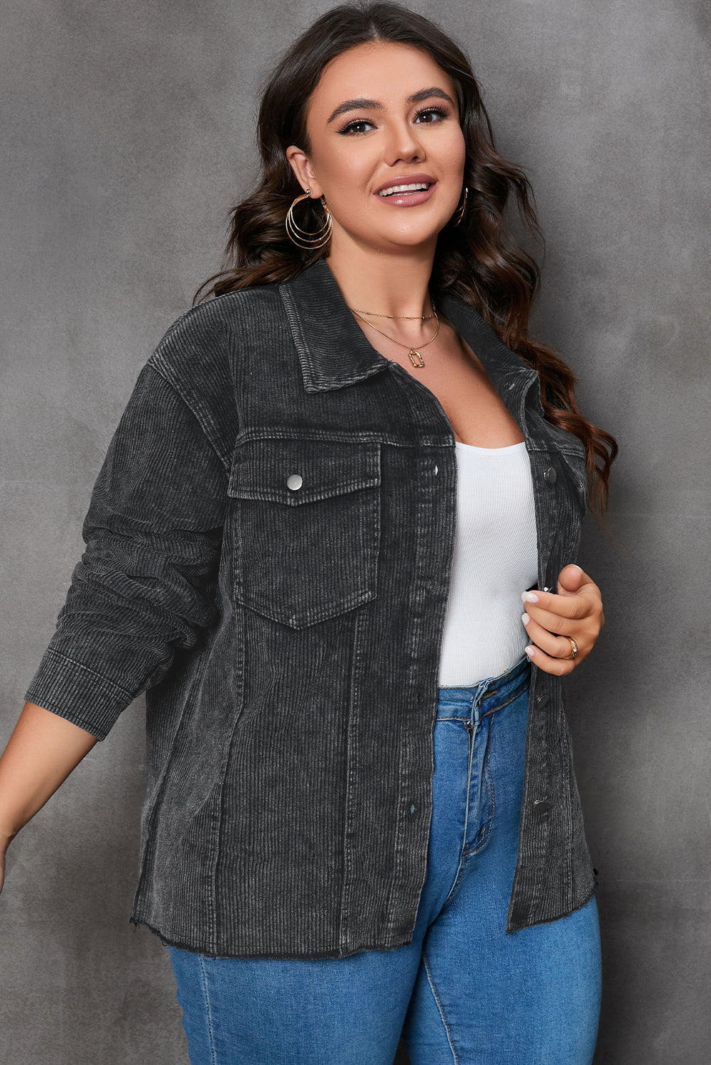 Plus Size Flap Pocket Raw Edge Corduroy Jacket | Gray