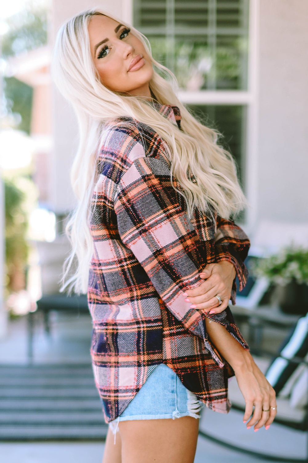 Oversized Flap Pockets Plaid Shacket With Slits | Blue