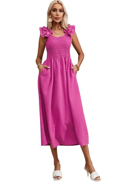 Solid Colour Ruffled Straps Smocked Ruched Maxi Dress | Rose Red