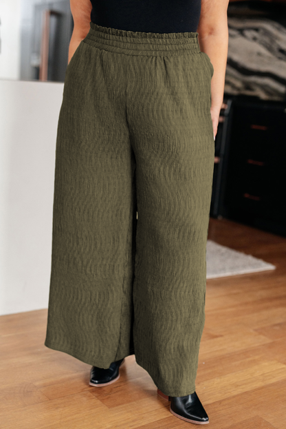 Plus Size Textured Shirred High Waist Casual Pants | Jungle Green