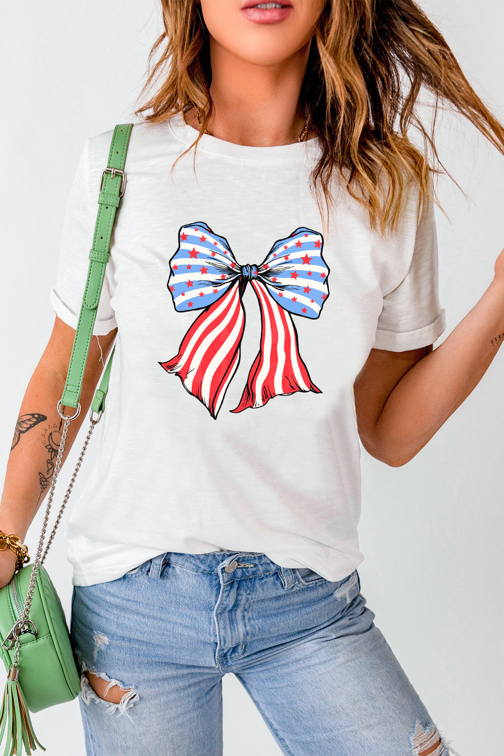 Stripes And Stars Bowknot Print T Shirt | White