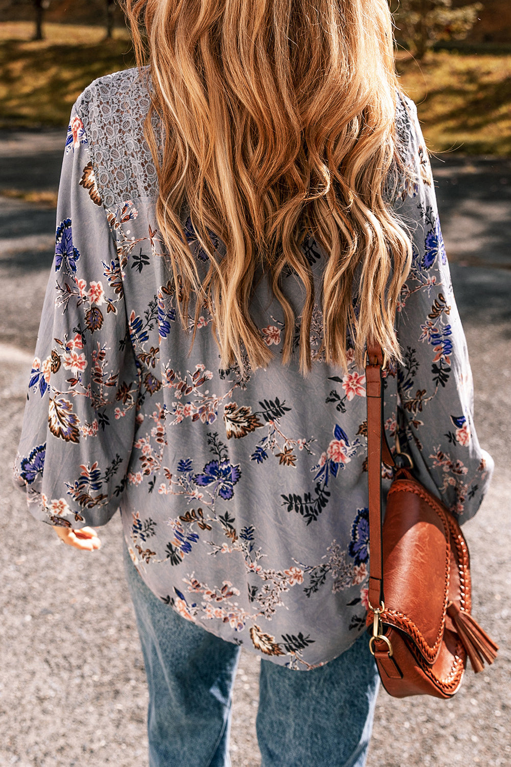 Floral Print Lace Patchwork Knot Front V Neck Blouse | Sky Blue