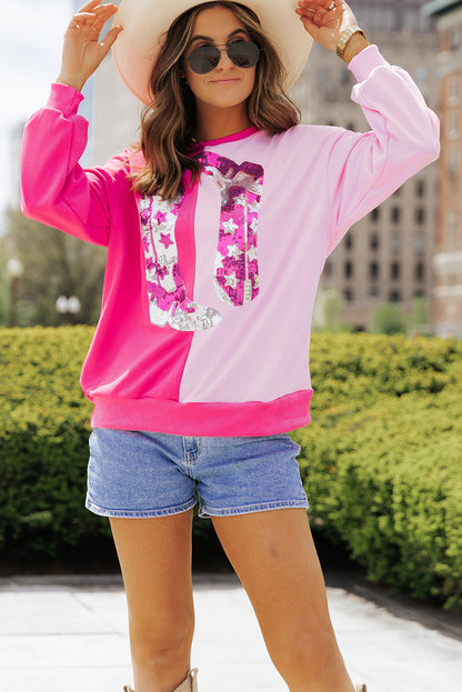 Colour Block Sequined Cowgirl Boots Graphic Sweatshirt | Pink