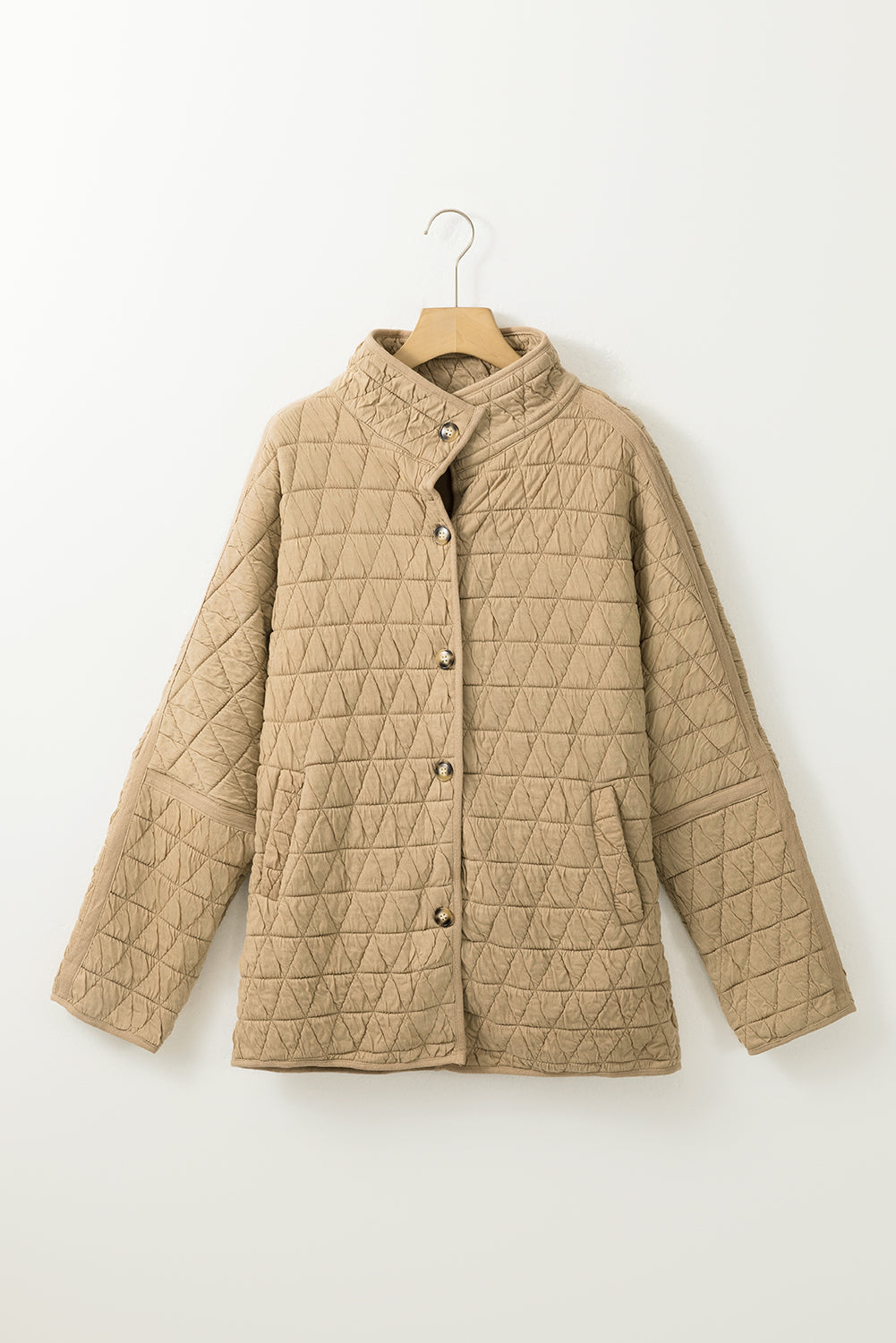 Quilted Button Front Funnel Neck Jacket | Khaki