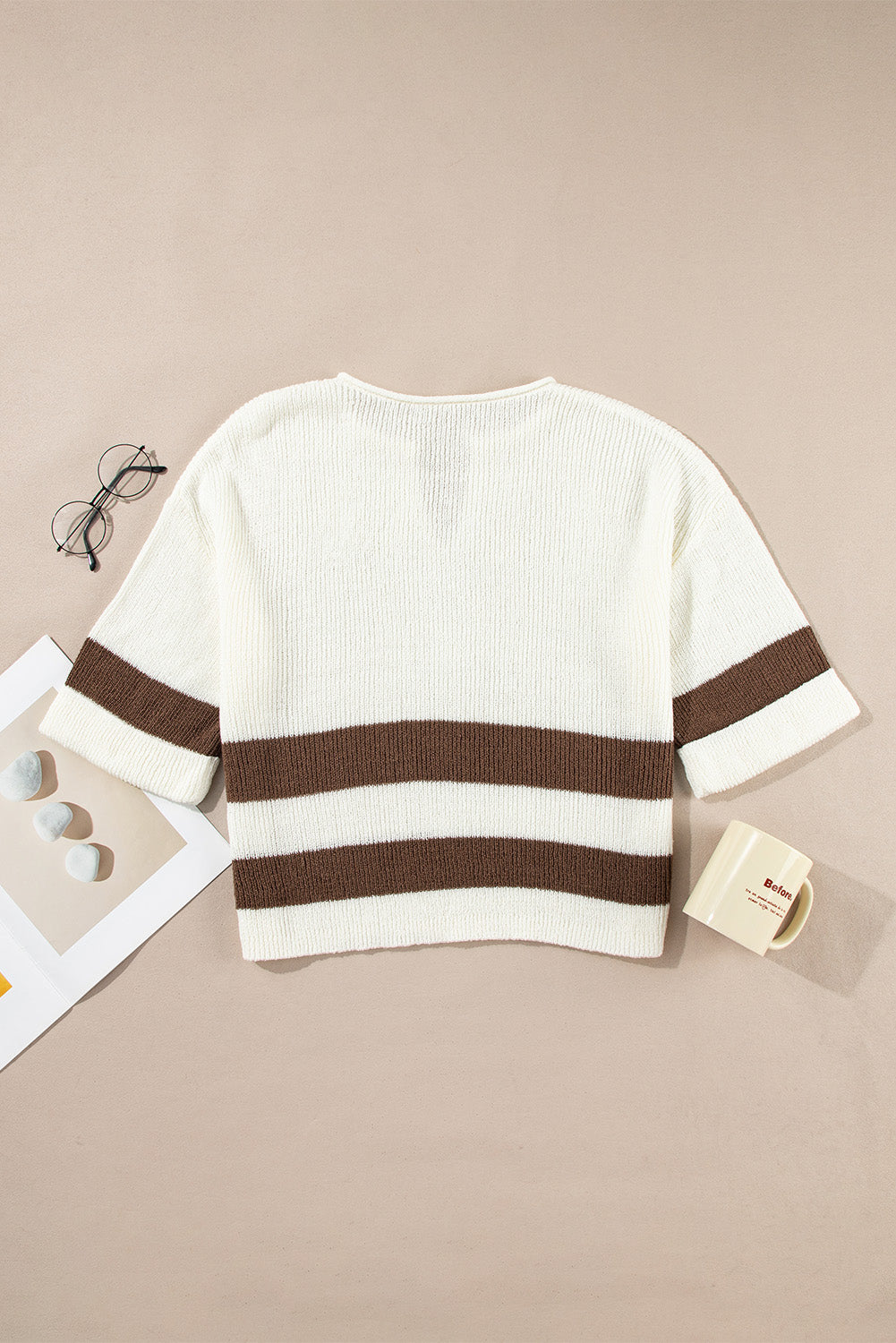 d Accent Notched V Neck Cropped Sweater T Shirt | Brown Stripe