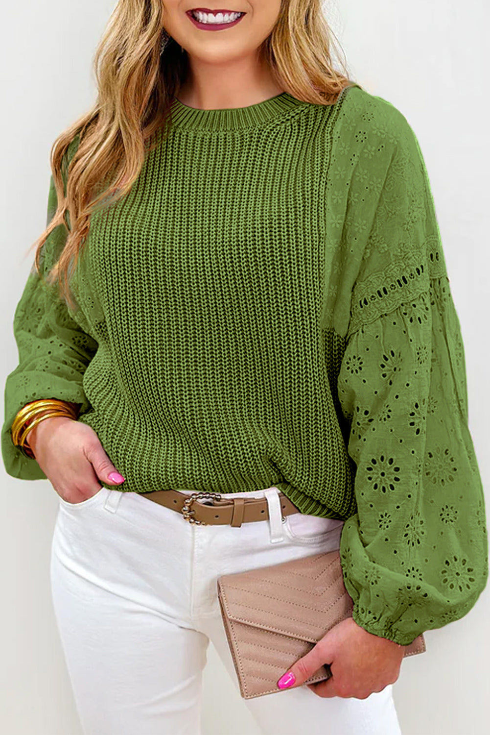 Green Eyelet Drop Shoulder Patchwork Pullover Sweater