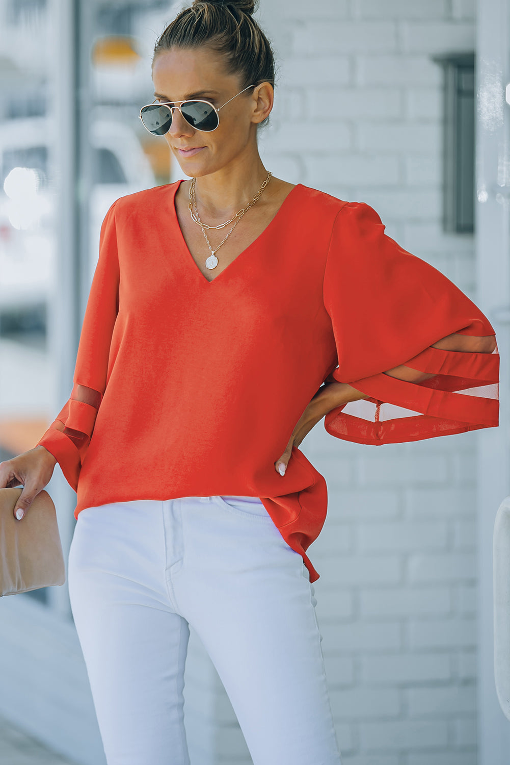 Fiery  Flare Sleeve V Neck Loose Blouse | Red