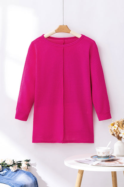 Textured Center Seam Long Sleeve Split Top | Rose Red