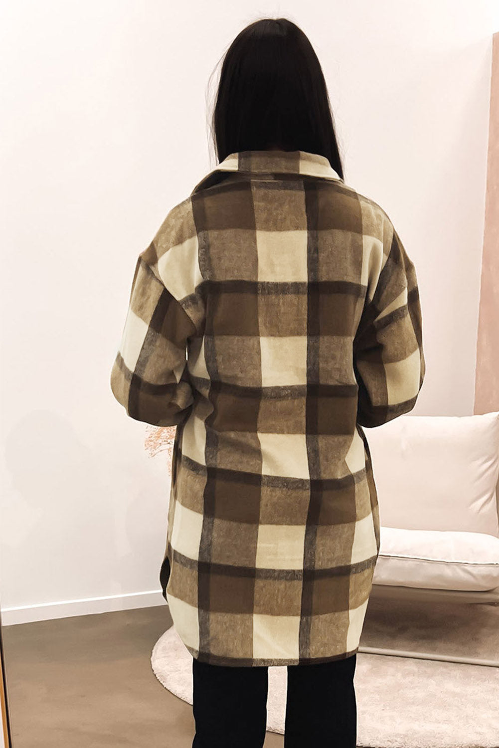 Plaid Flap Pocket Smocked Cuff Shacket | Brown