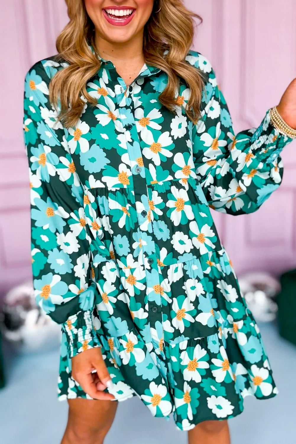 Green Floral Tiered Long Puff Sleeve Shirt Dress | Blackish Green