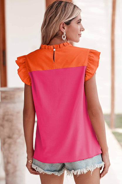 Two Tone Ruffled Flutter Sleeve Blouse | Orange