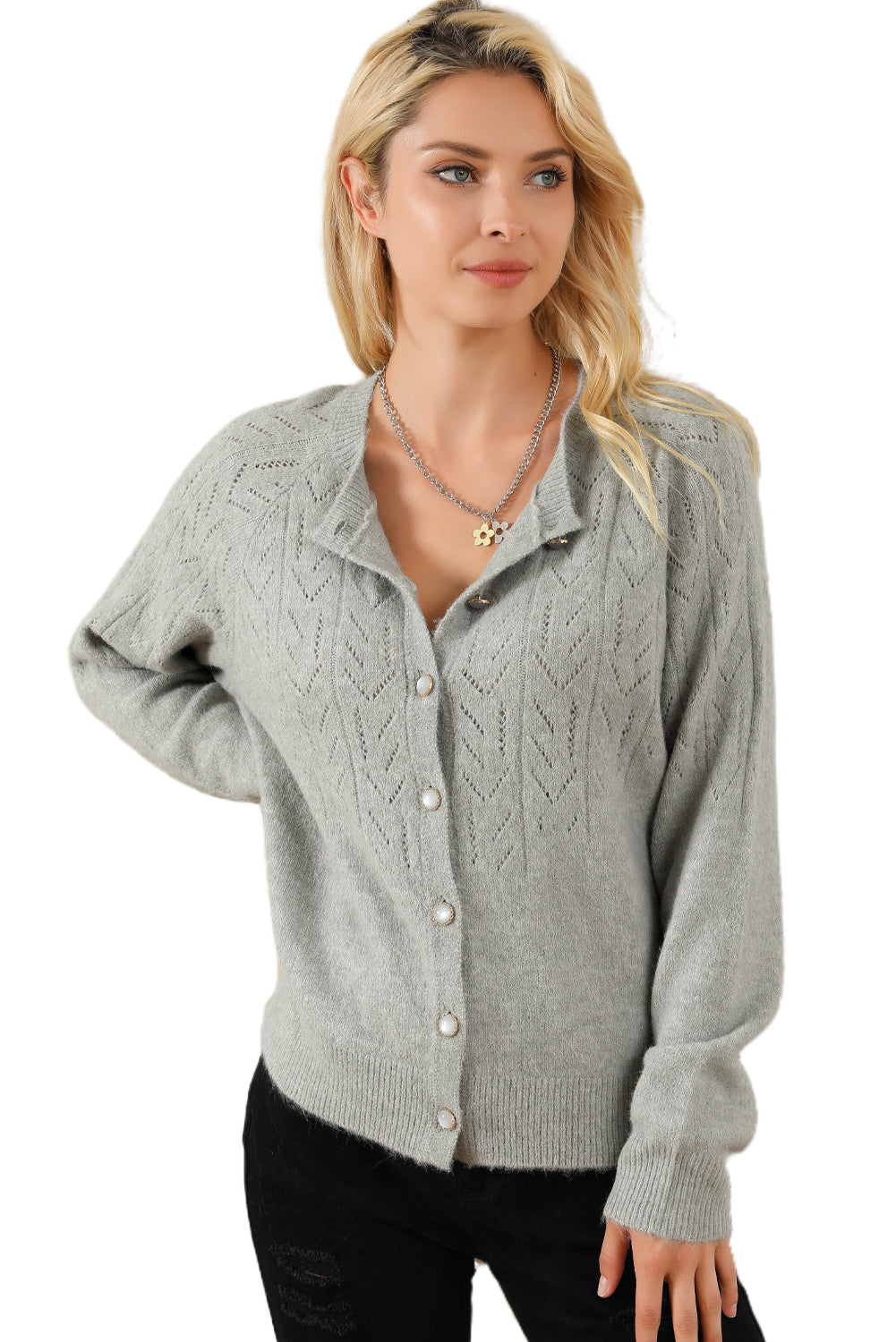 Hollow Out Buttoned Knit Cardigan | Green