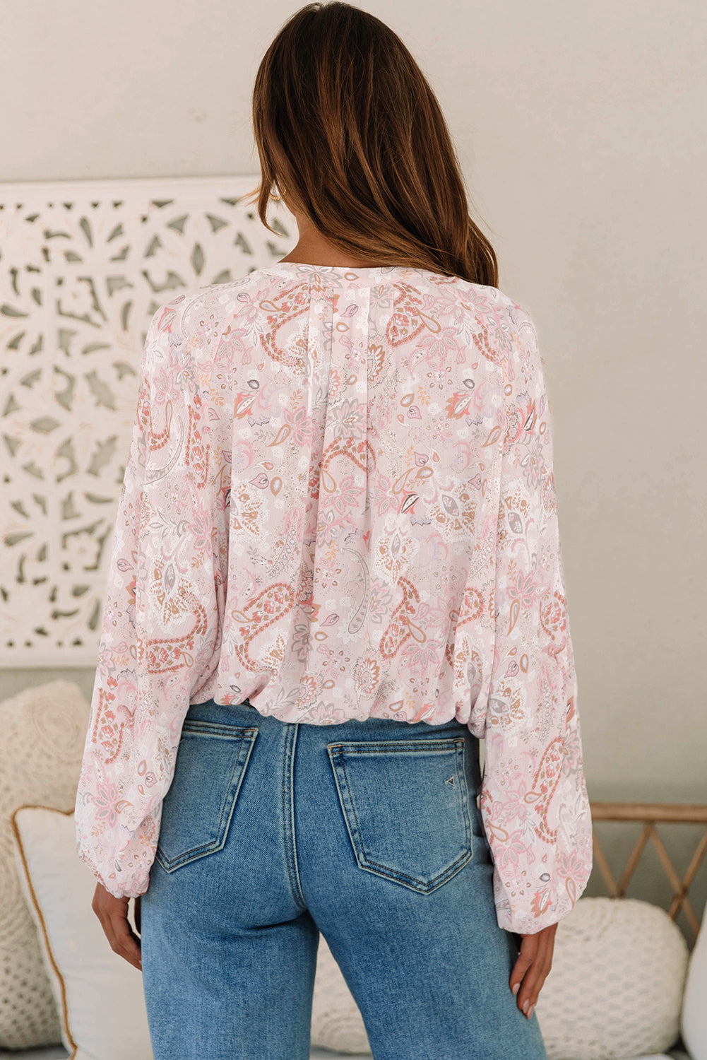 Paisley Print Buttons Bubble Sleeve Blouse | Pink