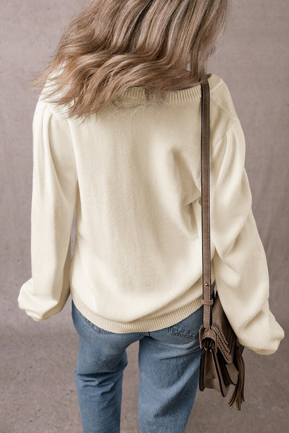 Pleated Sleeve Hollow Detail Button Sweater Cardigan | Apricot