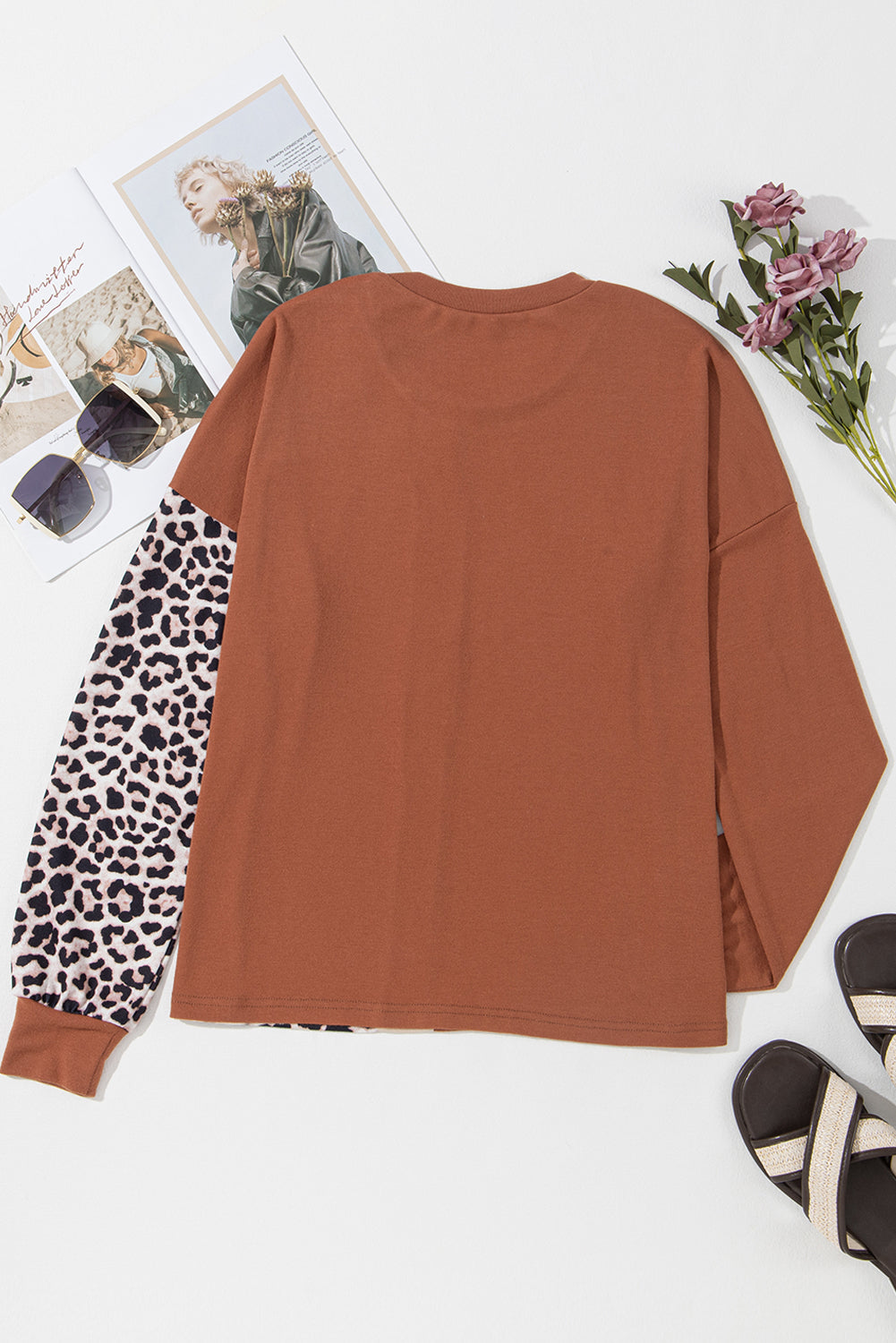 Leopard Print Sequin Colourblock Long Sleeve Top | Gold Flame