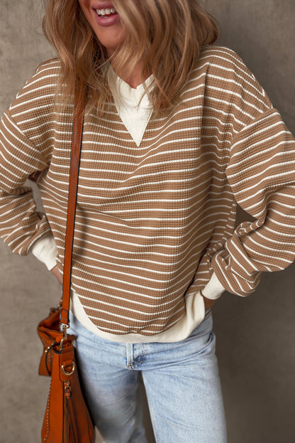 Patched Edge Textured Round Neck Long Sleeve Top | Khaki Stripe