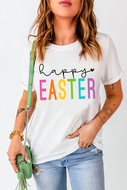 Happy Easter Round Neck Graphic Tee | White