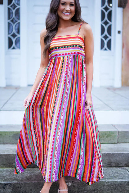 Striped Thin Straps Smocked Back Boho Maxi Dress | Multicolour