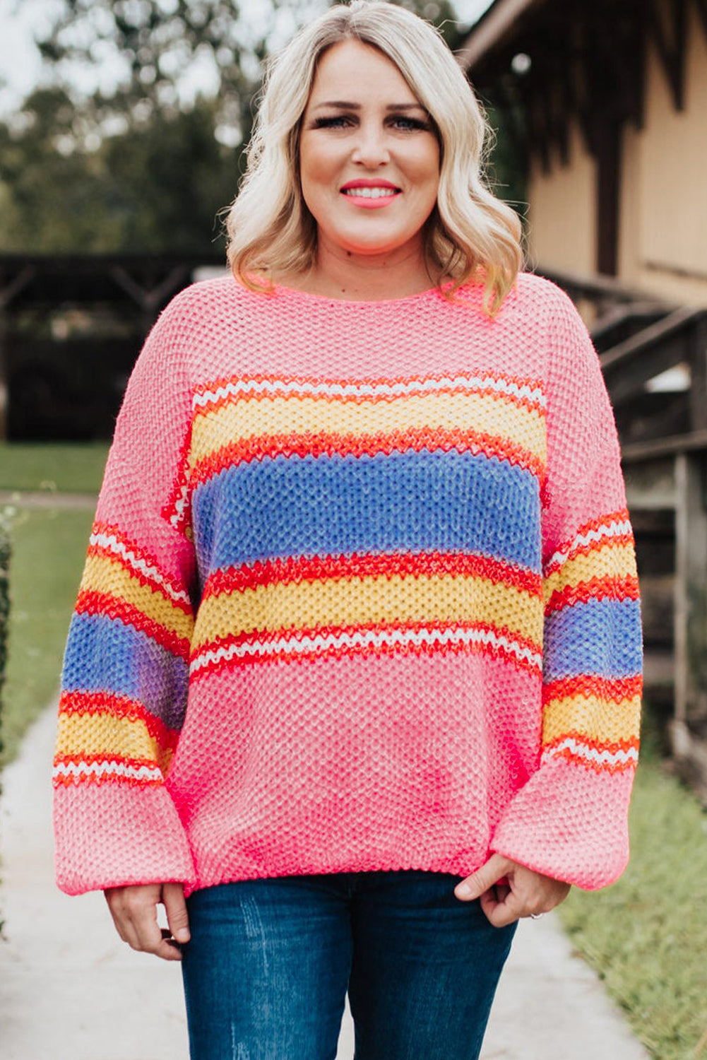 Plus Size Stripe Oversized Sweater | Pink